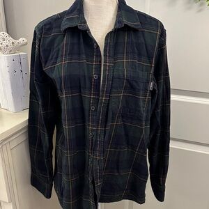 Eddie Bauer Size Large Navy and Green Plaid Flannel Shirt Perfectly Worn